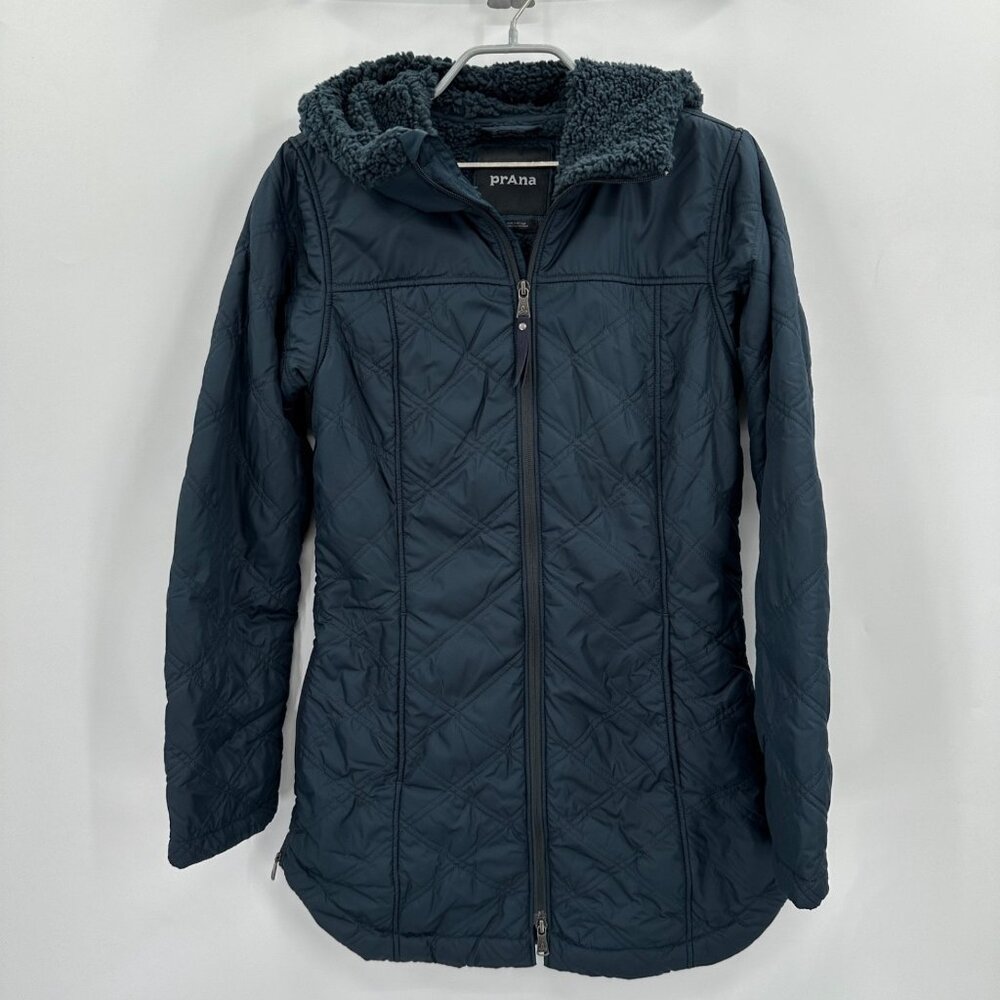 Prana Women's Esla Hooded Full Zip Quilted Coat size XS Sherpa-Lined Mid Jacket